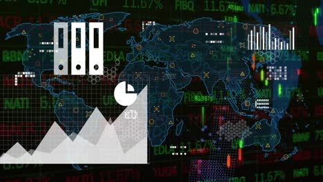animación del procesamiento de datos financieros sobre el mapa del mundo