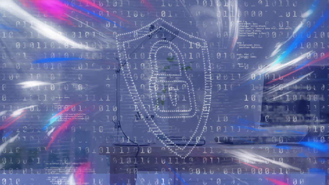 Animation of padlock and data processing over office