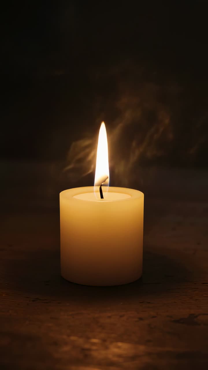 Video verticale: Una candela beige tremolante che illumina un tavolo di legno e manda fumo dallo stoppino dopo una corrente d'aria.