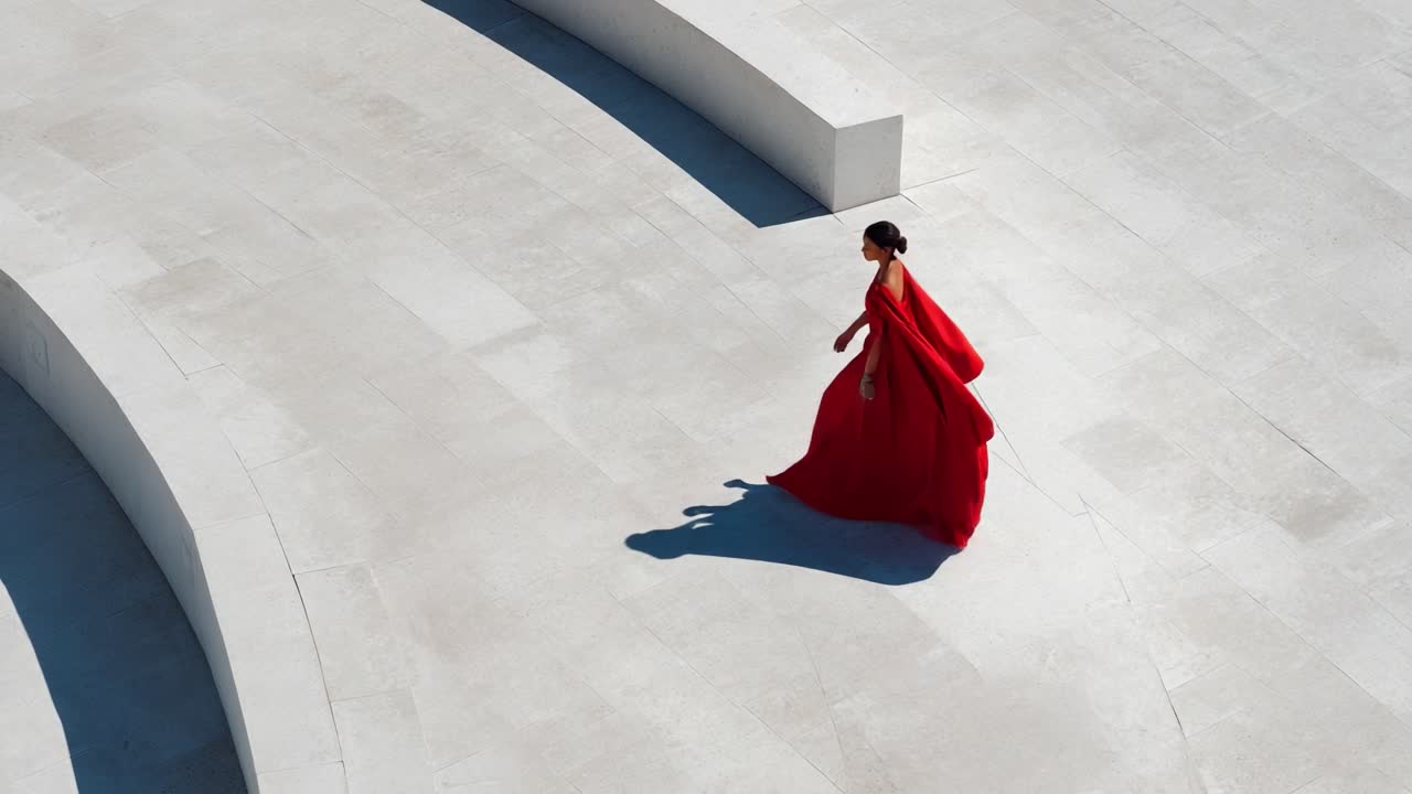 A Stunning Visual Journey: A Solemn Figure Draped in a Flowing Red Attire Gracefully Navigating Through a Modern Architectural Space with Clean Lines and Gentle Curvature Casting Beautiful Shadows