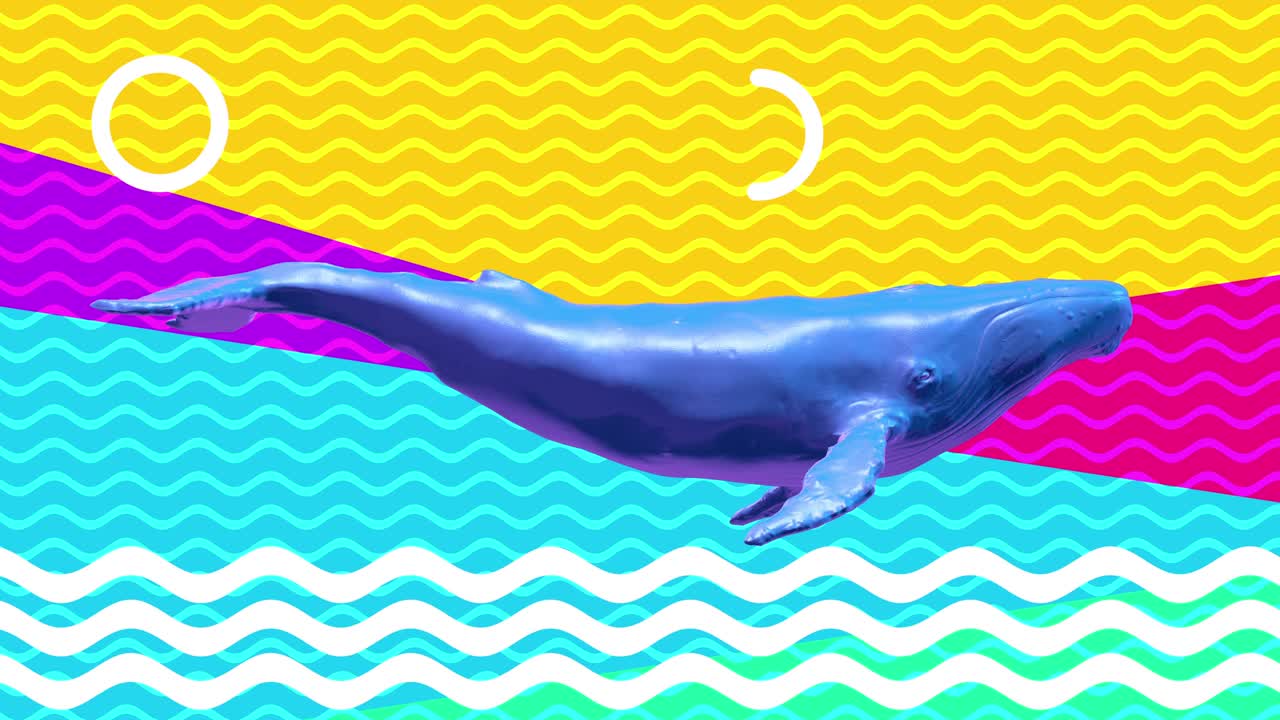 수영하는 파란 고래, 기하학적 모양의 추상 예술 개념, 창의적인 모던 모션 스타일의 현실적인 3d 캐릭터 동물, 미니멀 그래픽, 다채로운 사이키델릭 멤피스 디자인, 패션 애니메이션.