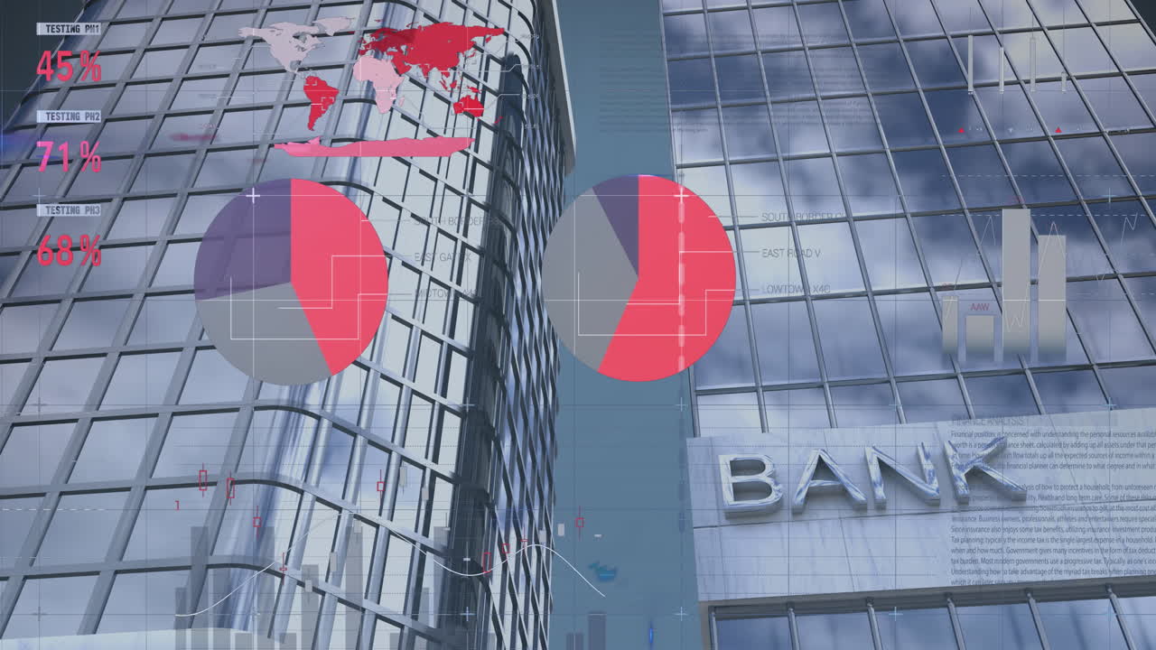 animación del procesamiento de datos estadísticos frente a una vista de ángulo bajo de los edificios bancarios