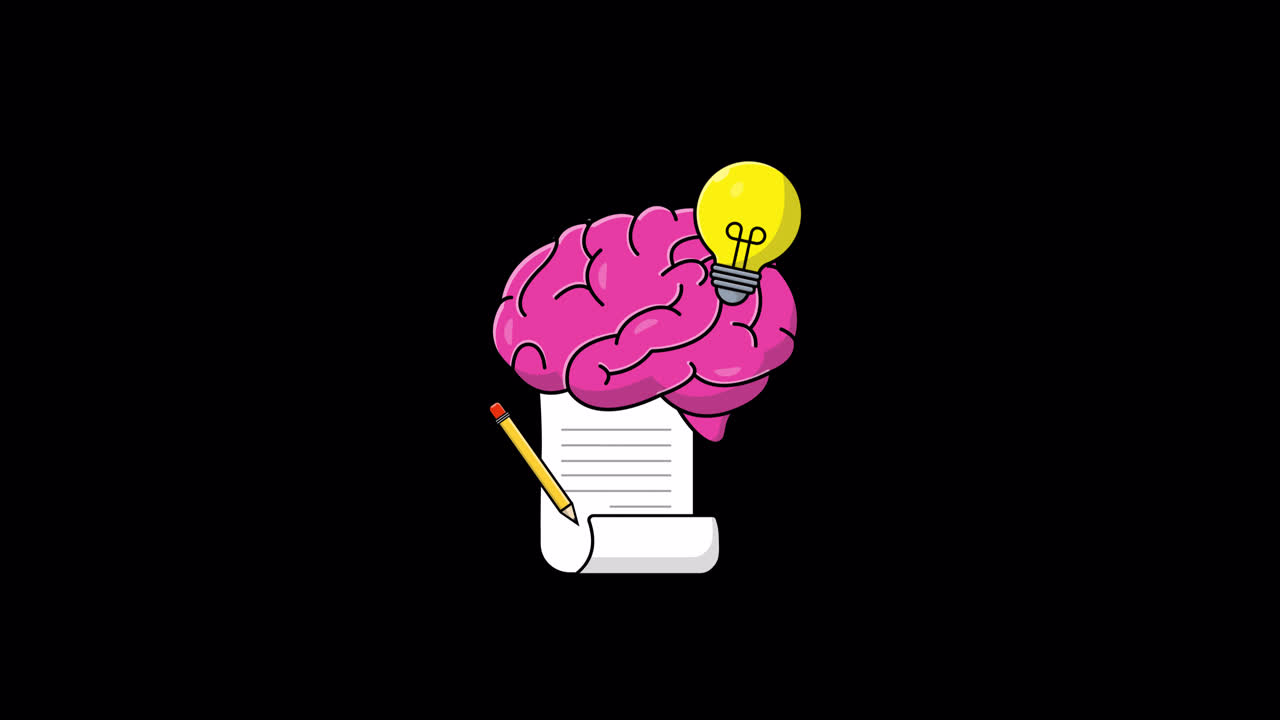 Cervello animato con lampadina e foglio per la generazione di idee