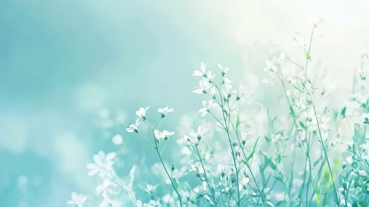 Soft-focus video still of delicate white flowers against a pastel blue background