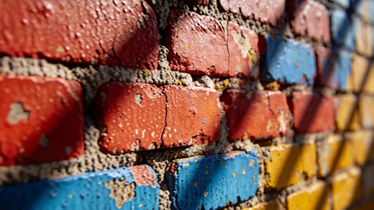 Shifting camera revealing painted bricks in alley, showing red blue yellow bricks, specks, shadows