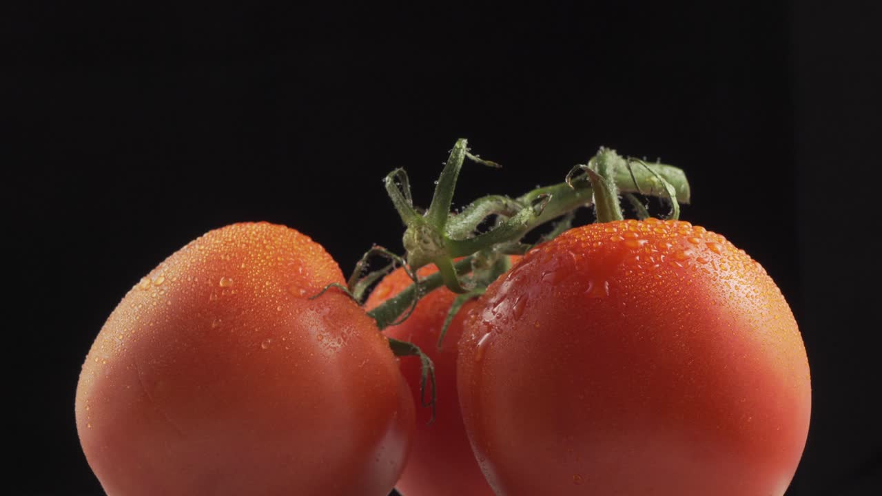 Three fresh organic Tomatoes On Black Background In Rotation. Close Up