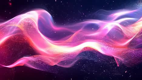 a long, flowing pink and orange wave of light with a lot of stars in the background. the colors are vibrant and the stars are scattered throughout the image