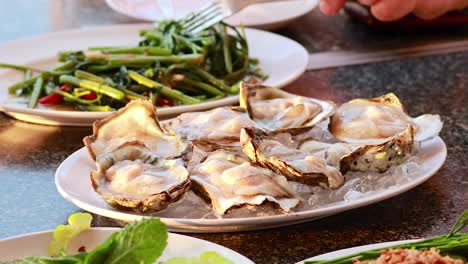 enjoying oysters and stir-fried morning glory