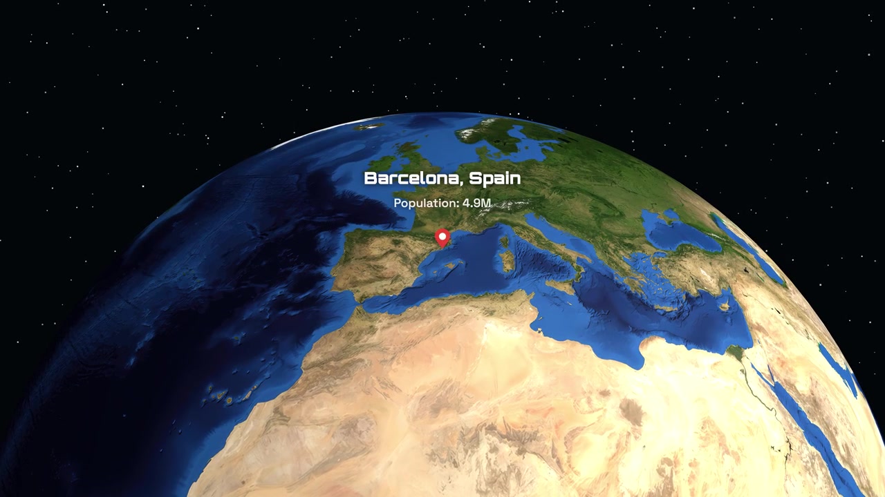 Un'animazione digitale zooma dallo spazio sull'Europa, evidenziando Barcellona con specifiche statistiche sulla popolazione