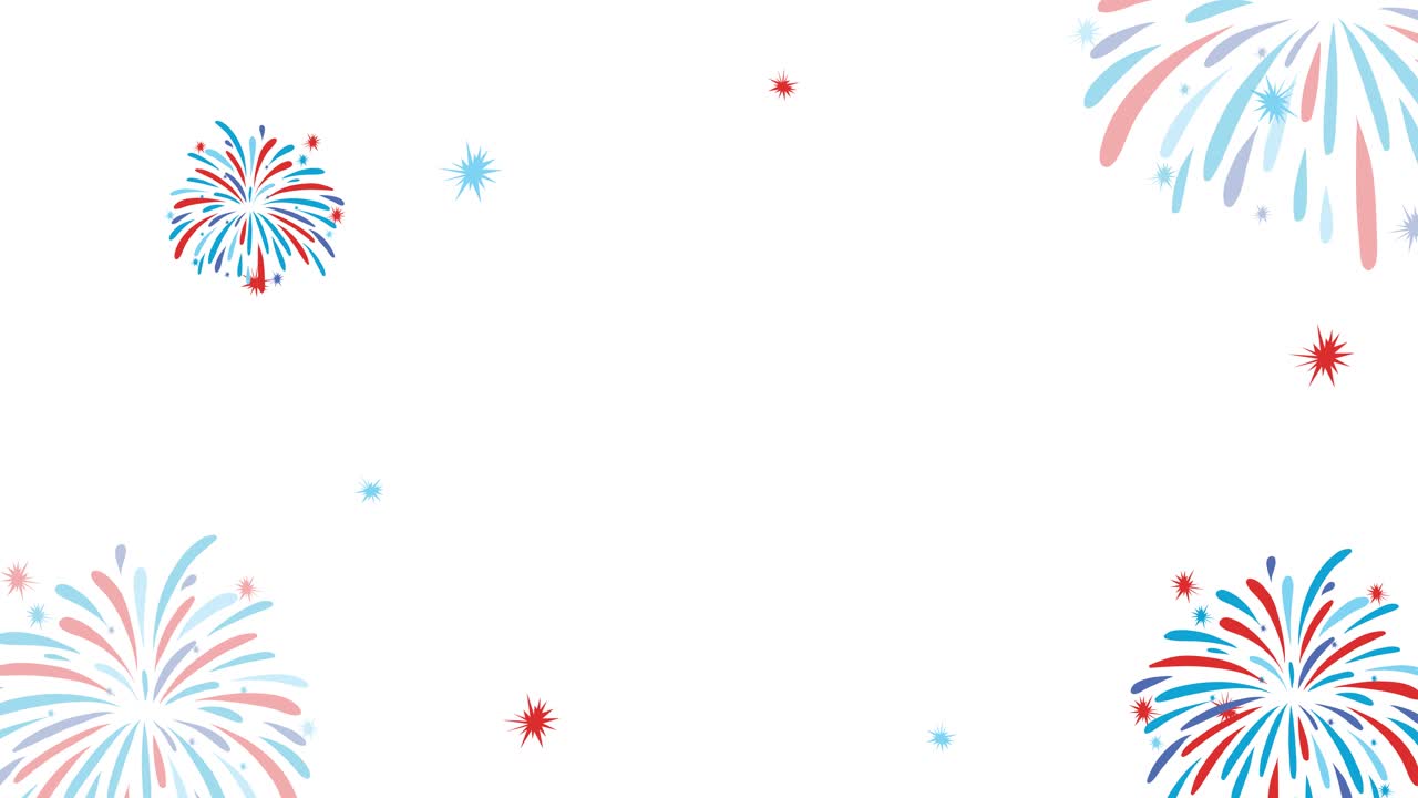Dynamic fireworks display with red and blue bursts against a white backdrop, creating a festive and celebratory atmosphere