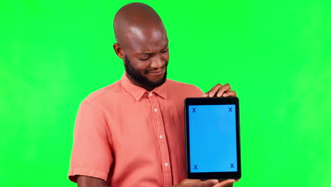 Black-man,-tablet-and-confused-mock-up-with-green