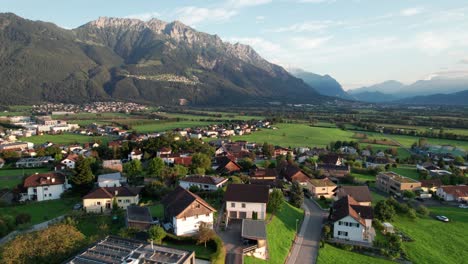 luftaufnahme von liechtenstein mit häusern auf grünen feldern im alpen-bergtal