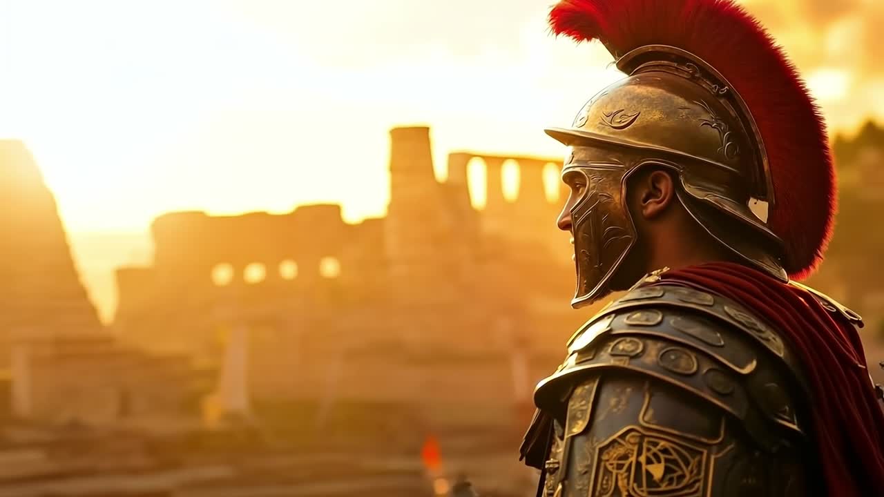 un hombre con un casco espartano de pie frente a una multitud de personas