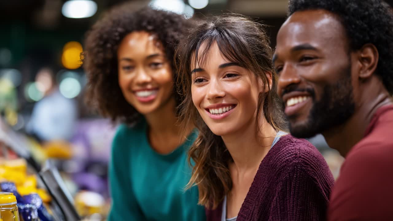 A Joyful Moment: Three Friends Smiling Together in a Colorful Marketplace, Capturing the Essence of Friendship, Laughter, and Shared Experiences Amidst the Vibrant Atmosphere of Shiny Produce and Goods