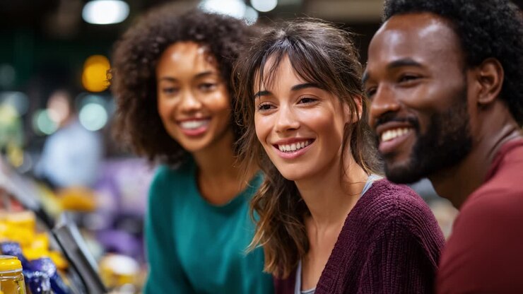 A Joyful Moment: Three Friends Smiling Together in a Colorful Marketplace, Capturing the Essence of Friendship, Laughter, and Shared Experiences Amidst the Vibrant Atmosphere of Shiny Produce and Goods