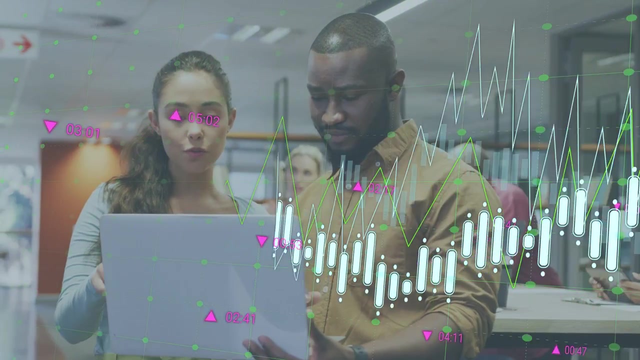Woman pointing and speaking, man tapping laptop, animated candles growing over laptop for finance
