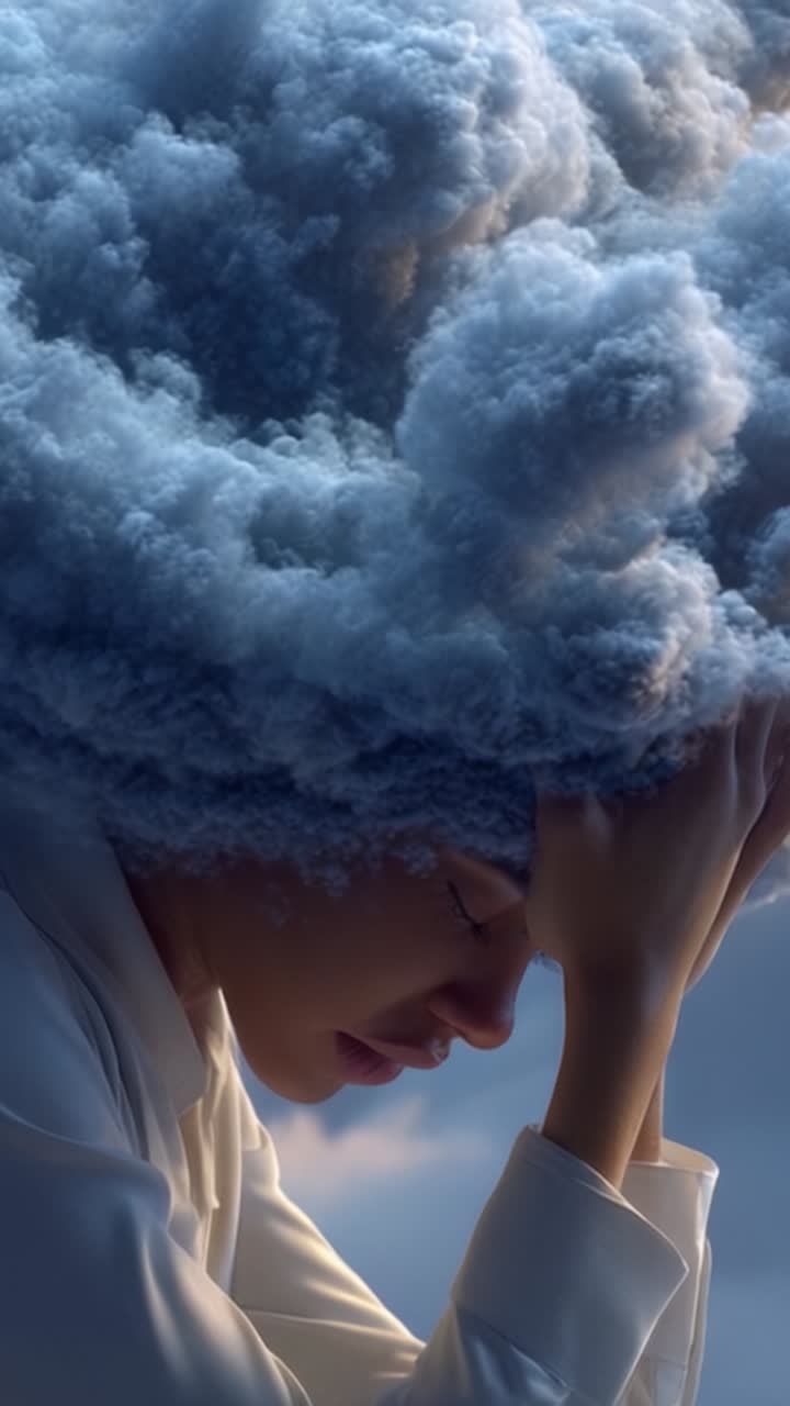 Una donna con pensieri nebulosi: Un'esplorazione eterea delle emozioni rappresentata da un'acconciatura nuvolosa drammatica in un momento di riflessione e contemplazione.