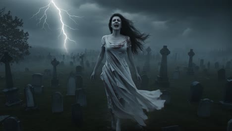 a haunting presence amidst the storm: a spirit in a graveyard scream as thunder crashes above, creating an eerie atmosphere filled with tension and fear