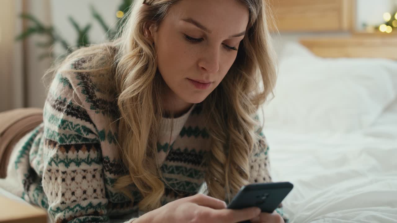 Donna caucasica che usa il telefono sdraiata a pancia in giù sul letto durante il periodo natalizio