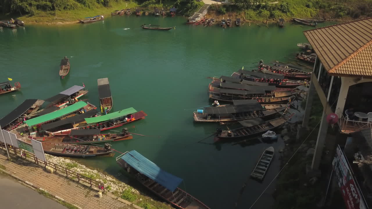 Lagoon and Long Tail Boats, Authentic Landscape Scenery in Rural Thailand, Drone Aerial View