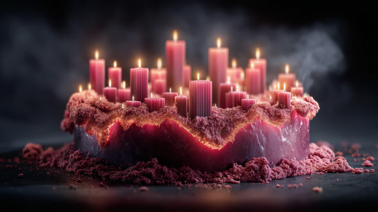 A Captivating Display of Pink Candles on a Decorative Cake Surrounded by Faint Wisps of Smoke, Creating a Mysterious and Enchanting Atmosphere
