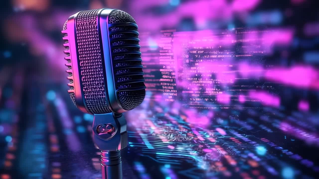 Microphone with vibrant visuals. A vintage-style microphone stands against a colorful digital background, symbolizing music and technology.