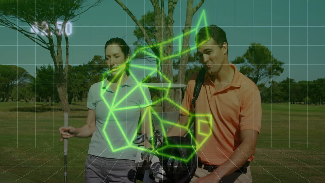 two golfers holding club and carrying bag on fairway, with cart and neon grid overlay technology