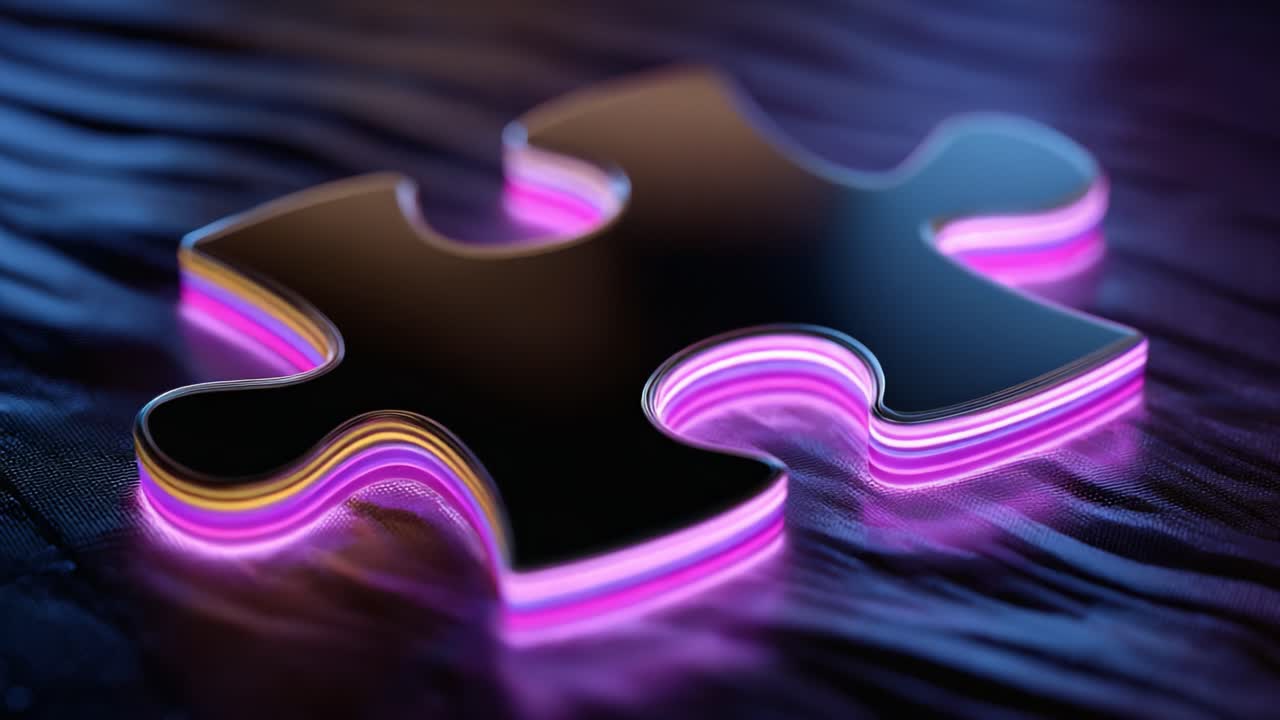 A Glimmering Puzzle Piece Shines with Vibrant Neon Colors, Showcasing Its Reflection on a Textured Surface, Symbolizing Creativity and Connection in Design