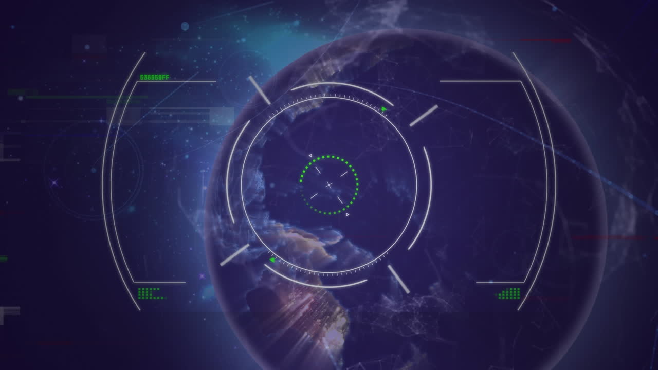 Animation of scope scanning and globe over purple background
