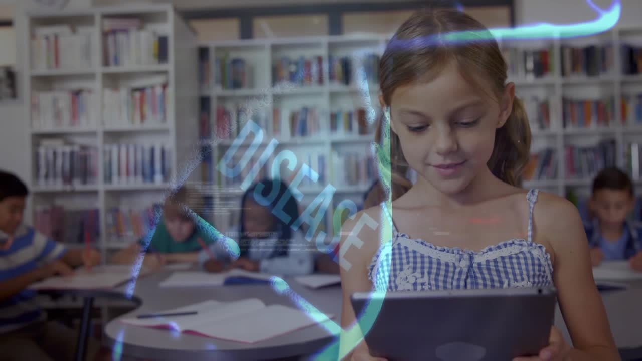 Girl tapping tablet screen and swiping in classroom, animating disease graphics for health lesson