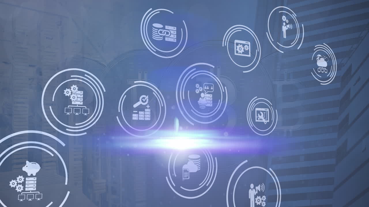 Animazione di icone aziendali e punti luce su simboli Bitcoin