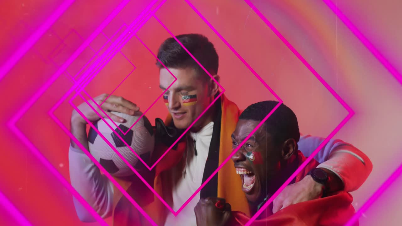 Animation of diverse male supporters with flags of portugal and germany over shapes