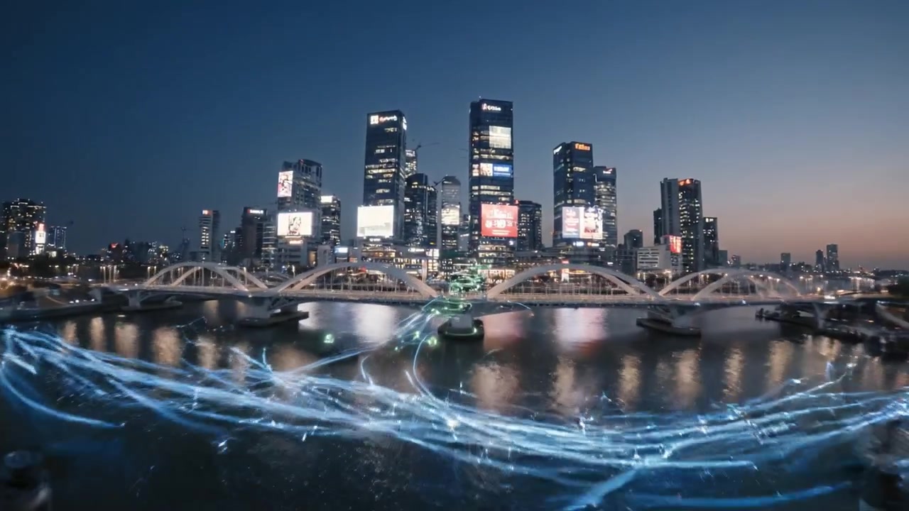 Vista aérea deslumbrante de uma paisagem urbana vibrante ao anoitecer, exibindo arranha-céus, edifícios iluminados e reflexos vibrantes na água em um ambiente urbano dinâmico.
