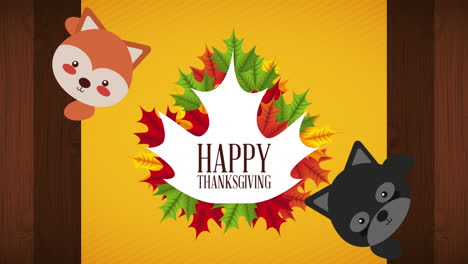 happy thanksgiving celebration with fox and raccoon