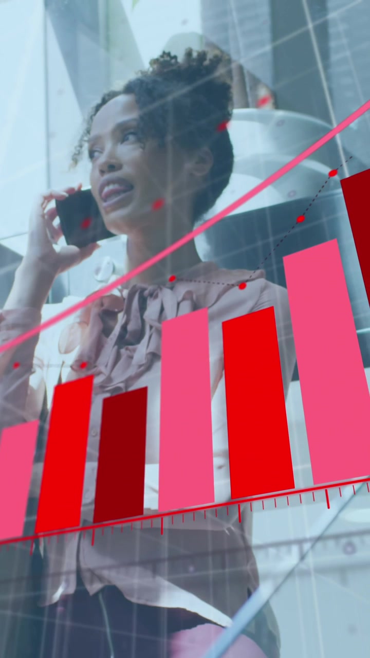 Animation of data processing over african american businesswoman using smartphone