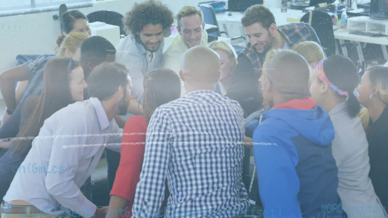 Data processing against diverse office colleagues stacking hands at office