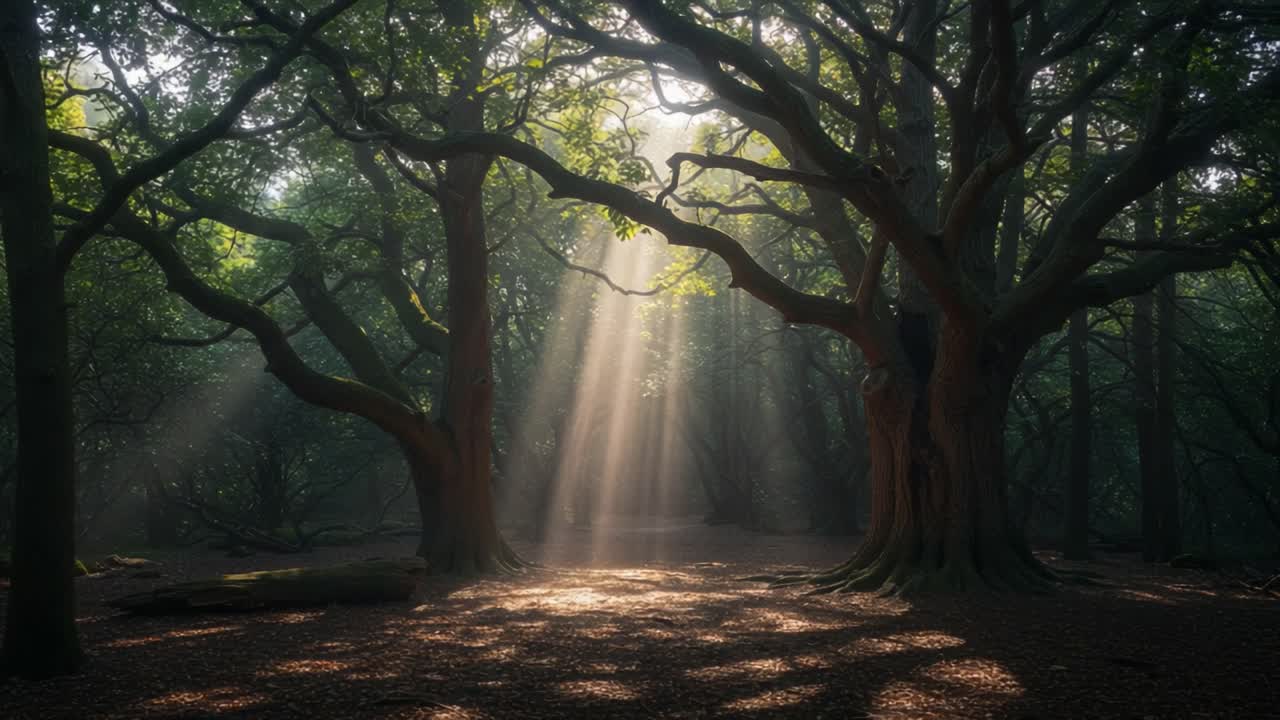 Enchanting Forest Glades: Captivating Sunlight Filtering Through Ancient Trees Creates a Mystical Atmosphere and Highlights the Beauty of Nature