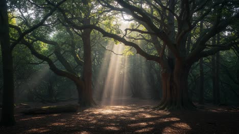 enchanting forest glades: captivating sunlight filtering through ancient trees creates a mystical atmosphere and highlights the beauty of nature