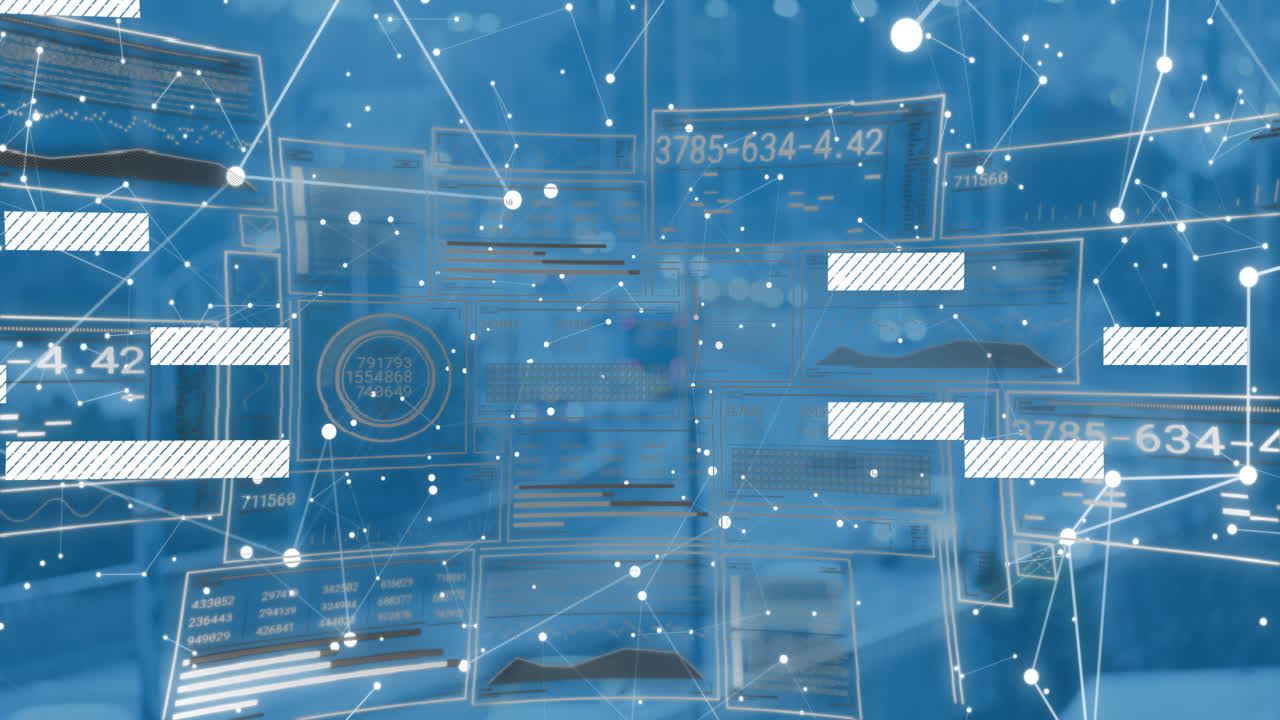 Animation of digital network connections and data processing on blue background
