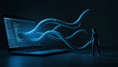 exploring the intersection of technology and creativity with a digital creature emerging from a laptop screen at night
