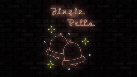 animation of neon jingle bells text and bells on black background