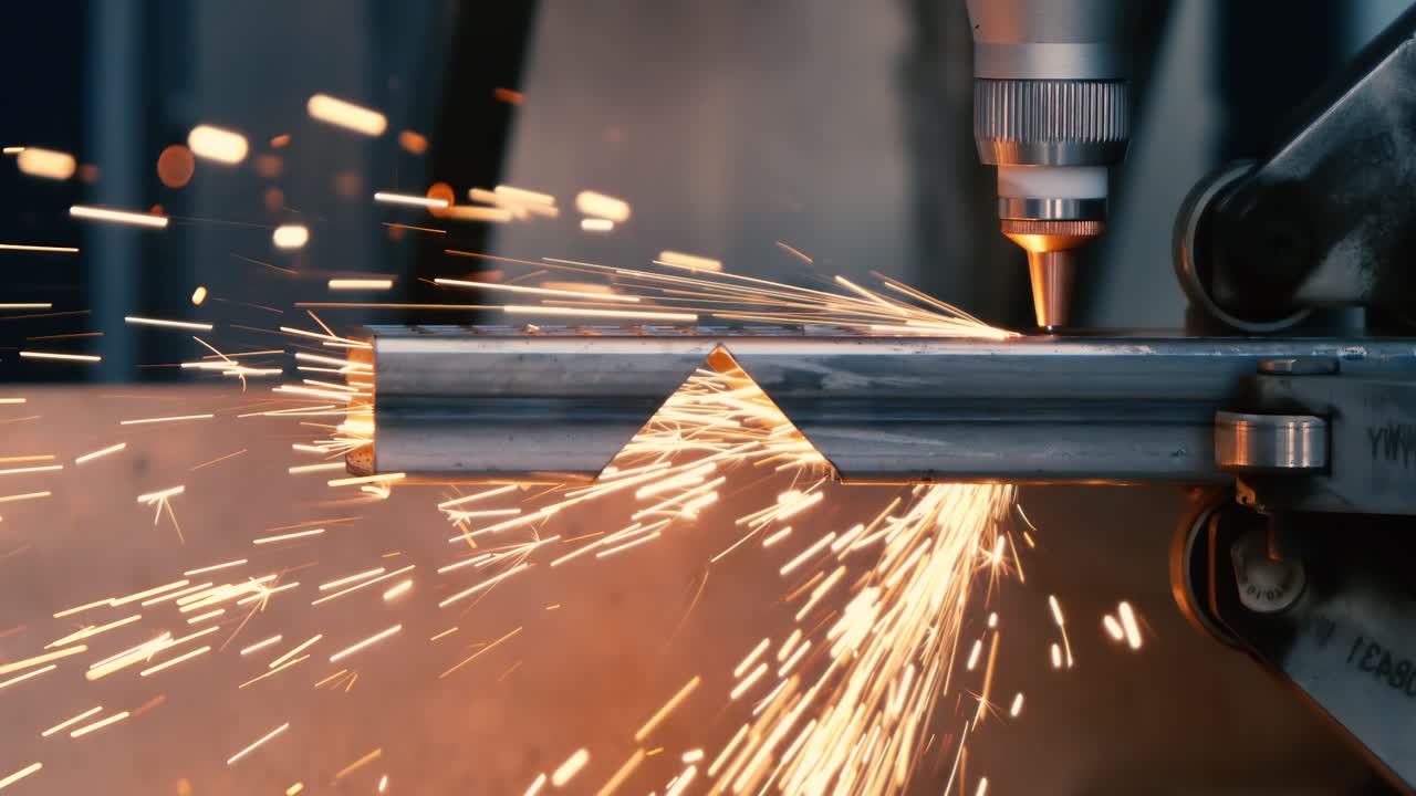 Taglio laser CNC del metallo, moderna tecnologia industriale per la realizzazione di dettagli industriali. Ripresa con telecamera super slow motion a 1000 fps