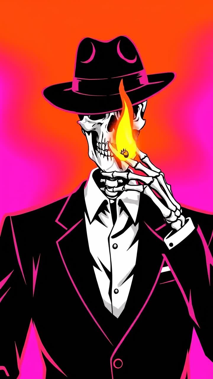 Scheletro elegante in abito e cappello, che fuma con una fiamma. Arte da videogioco, angolazione frontale. Mobile live