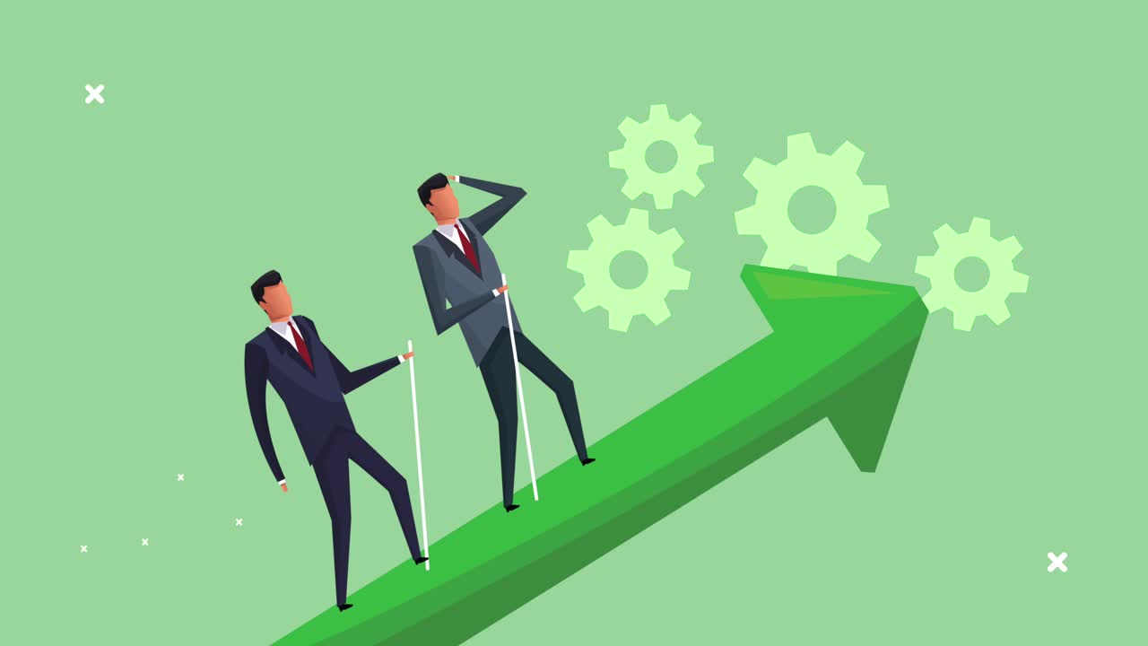 successful businessmen team climbing arrow with gears