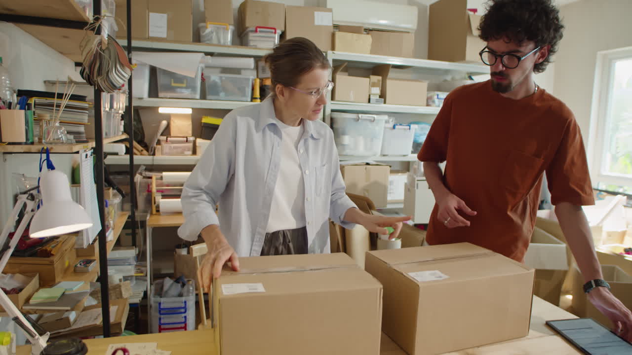 Colleagues Packing Parcels for Shipment in Delivery Service Office