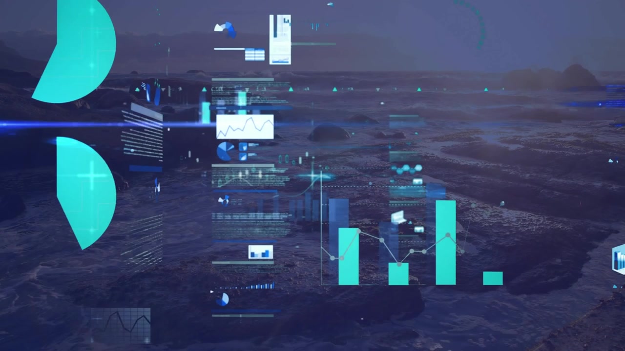 Animation of social media icons and numbers over landscape background