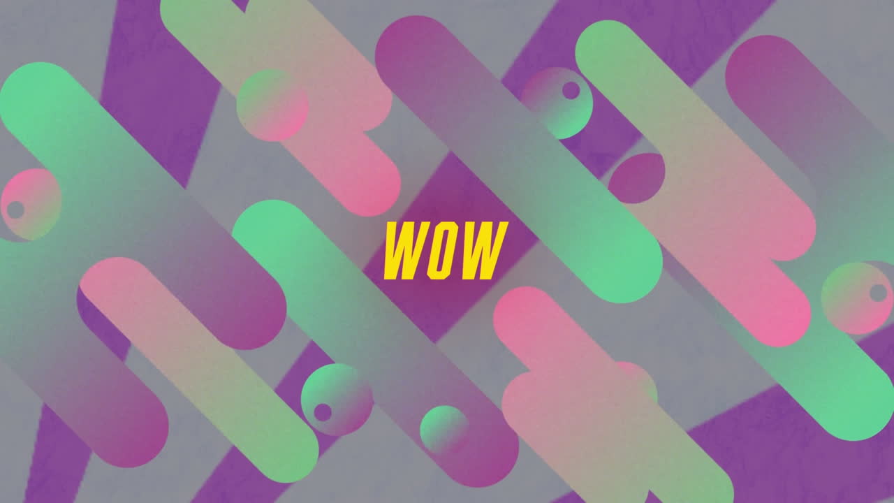 Animazione del testo "wow" e forme geometriche colorate su uno sfondo astratto.