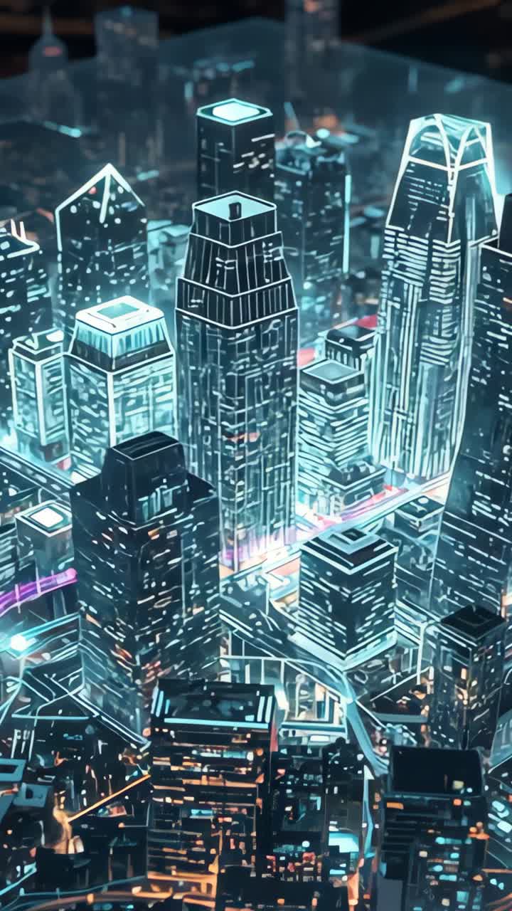 Vertical video: Opening aerial view camera tilting inward showing neon towers and magenta trails