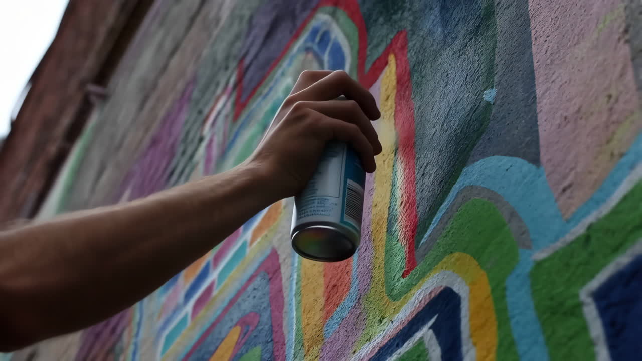 Mano che dipinge graffiti a spray su un muro colorato