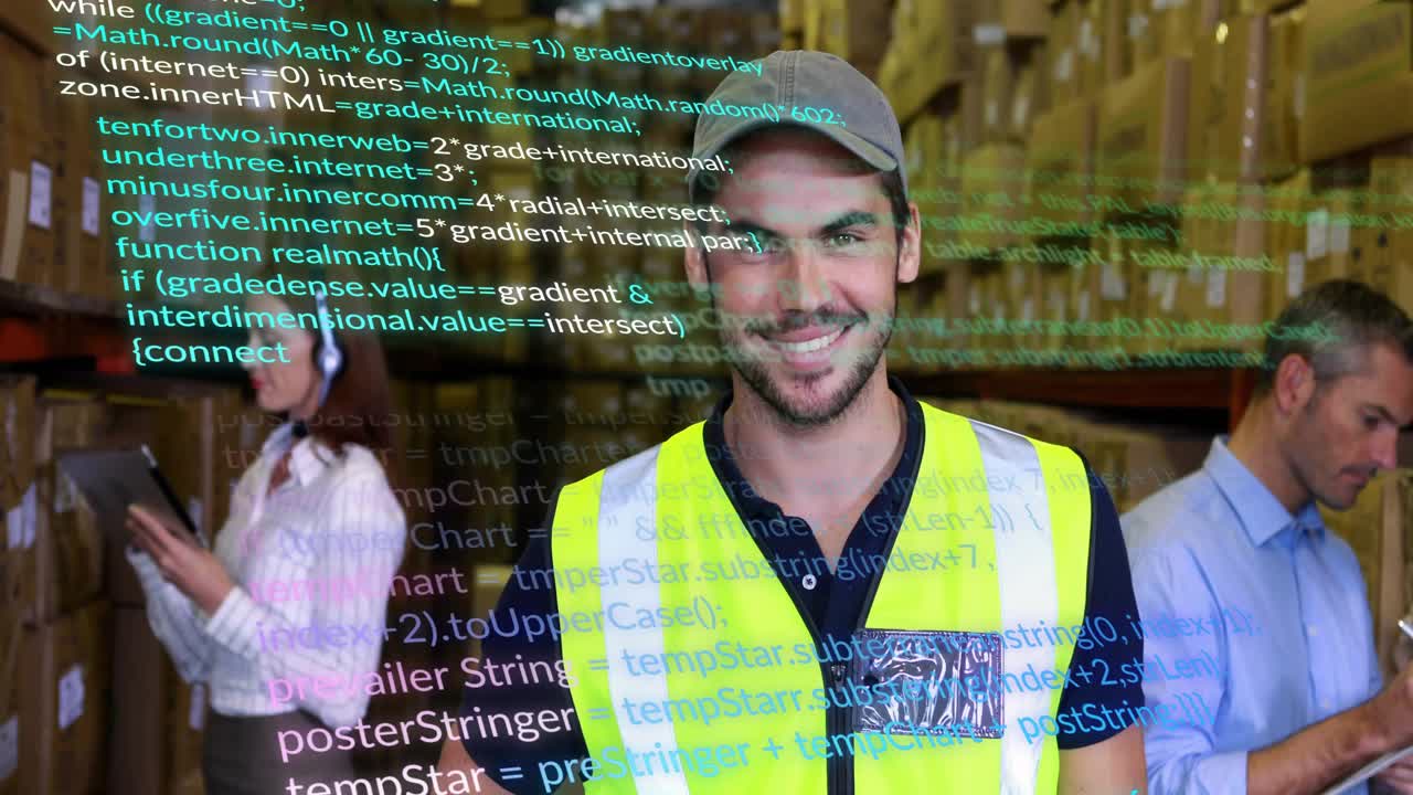 Colleague tapping tablet generating code overlay shifting to colorful boosting warehouse efficiency